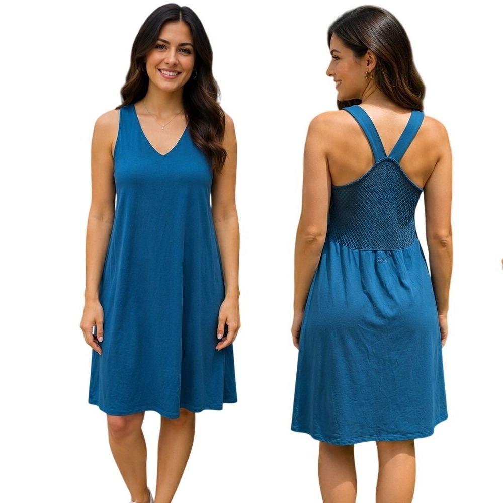Kuhl Serene Dress Abyss Blue V-Neck Pointelle Mesh Back A-Line 8348 Womens Small